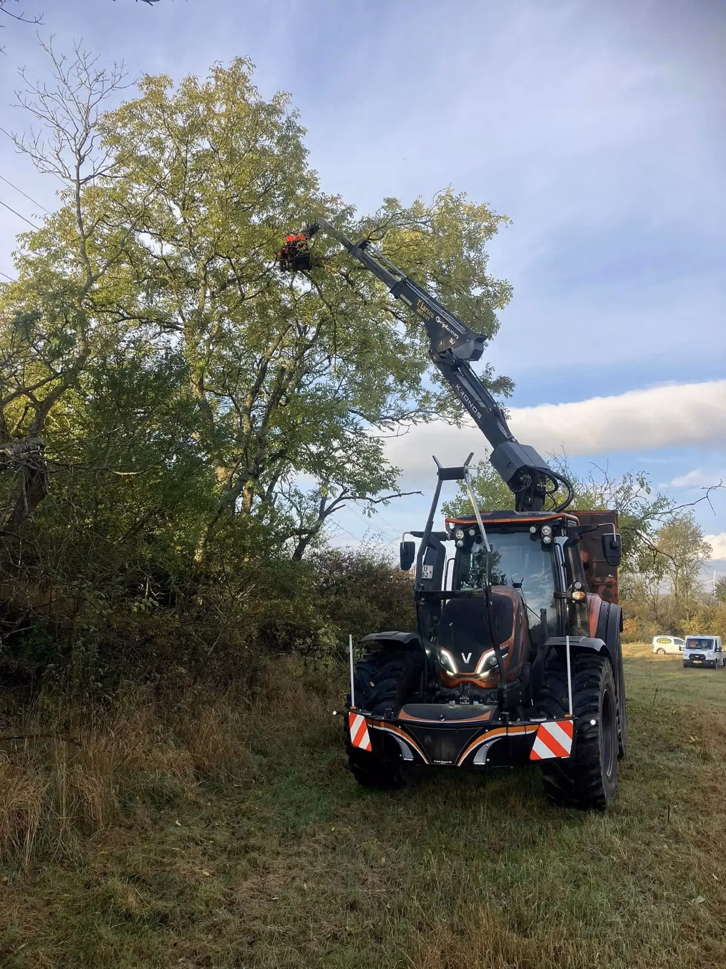 A tractor with a front weight bumper and extendable arm is trimming tree branches at the edge of a grassy field