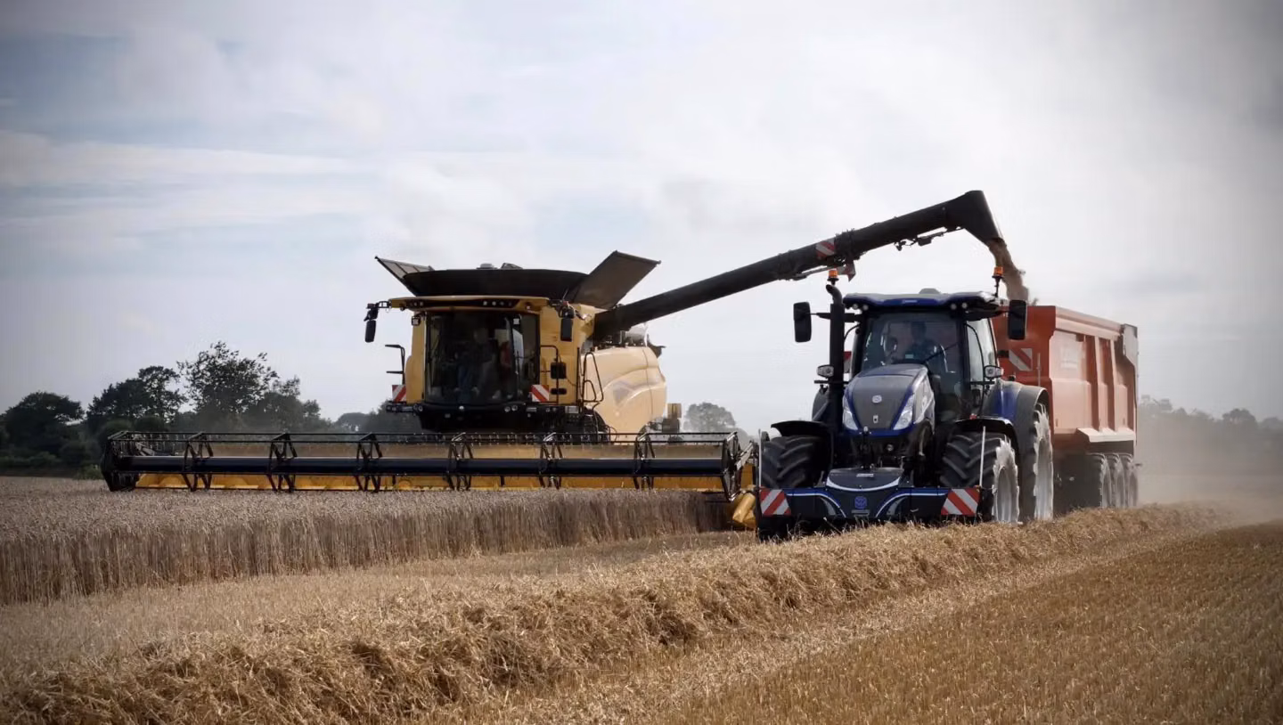 Blue tractor with a front weight bumper and red trailer beside a harvester unloading grain in a wheat field
