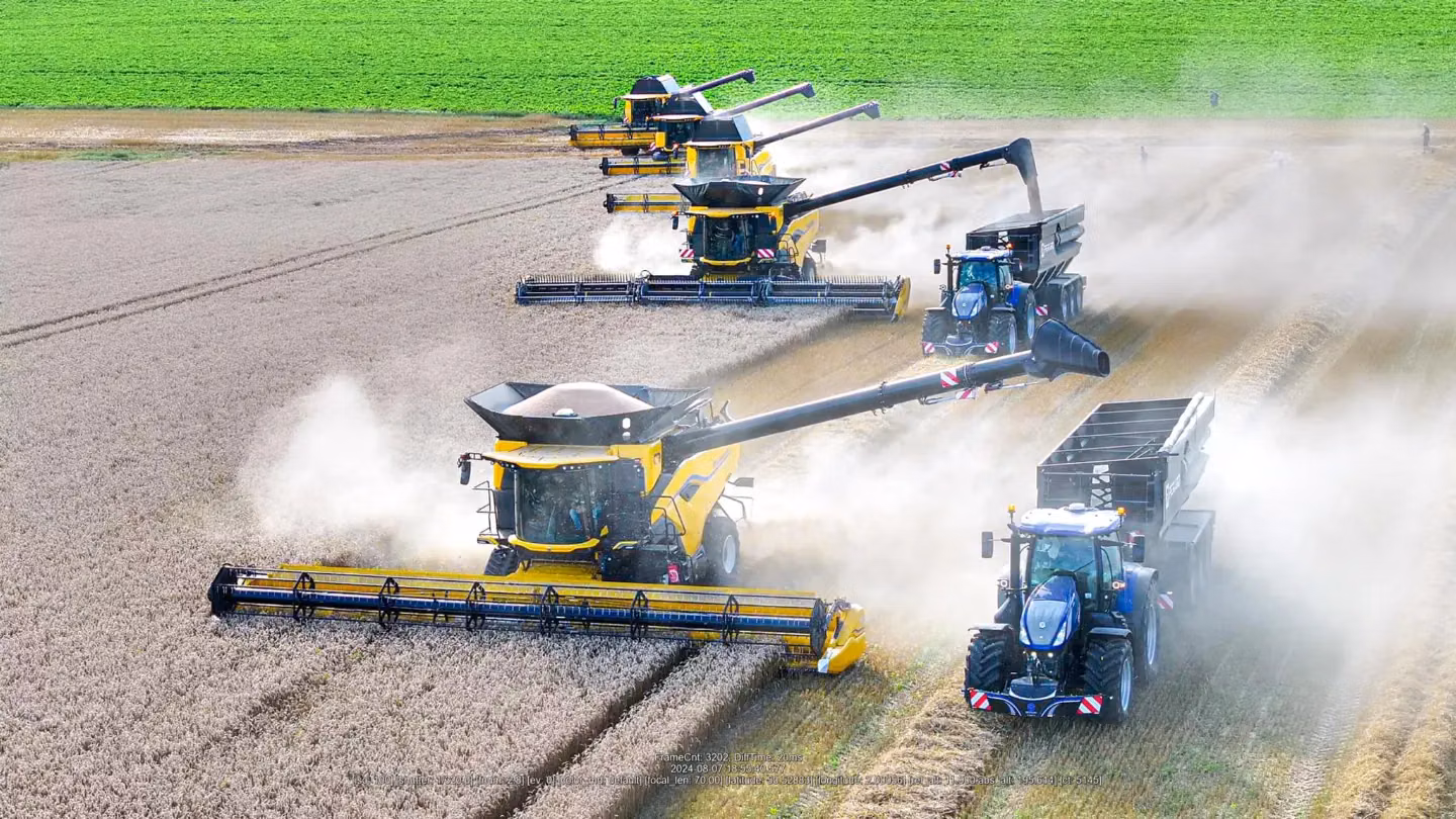Five yellow harvesters and two blue tractors with trailers harvesting and collecting crops in a dusty field