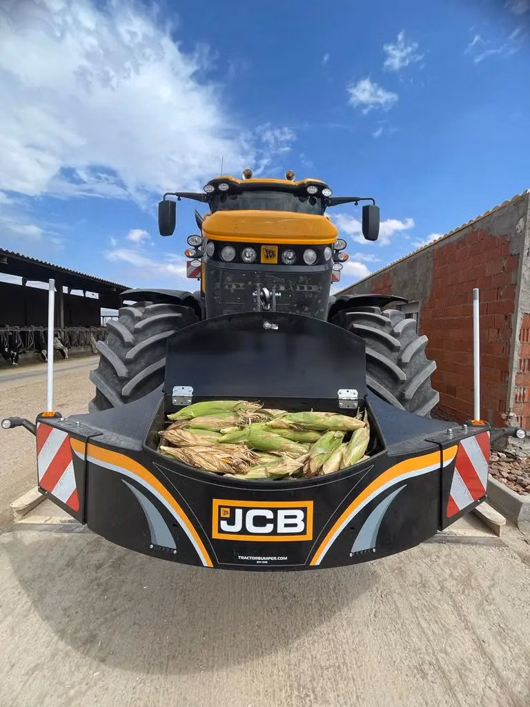 A yellow tractor with a front weight bumper labeled JCB, carrying harvested corn cobs in the front compartment