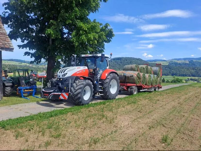 A red and white tractor with a front weight bumper is pulling a trailer loaded with round hay bales on a rural road