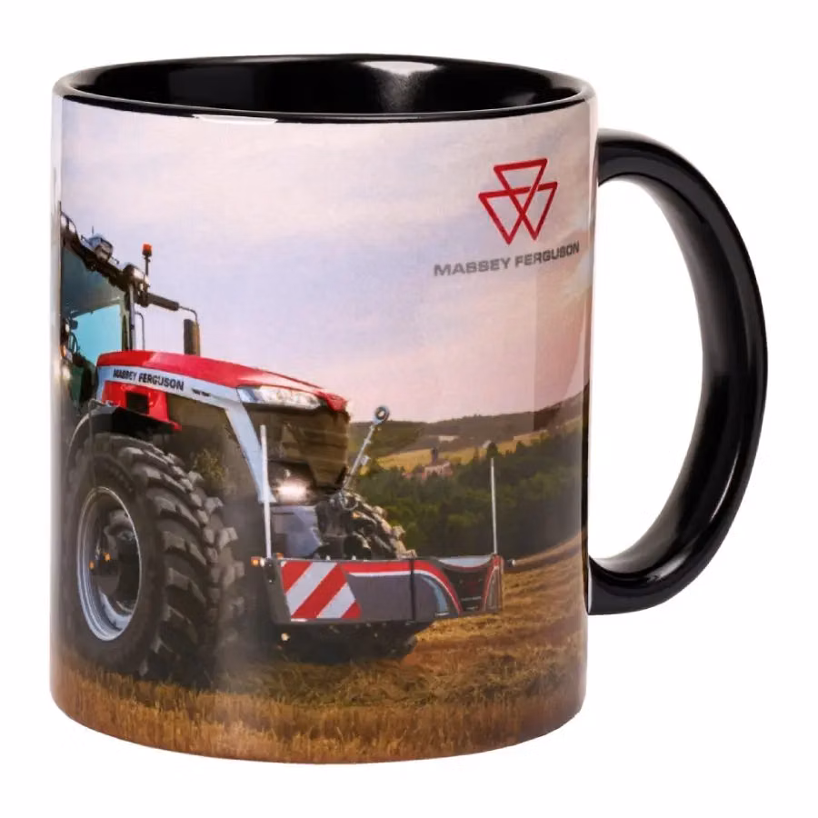 A ceramic mug printed with a Massey Ferguson tractor fitted with a striped front weight bumper in a field
